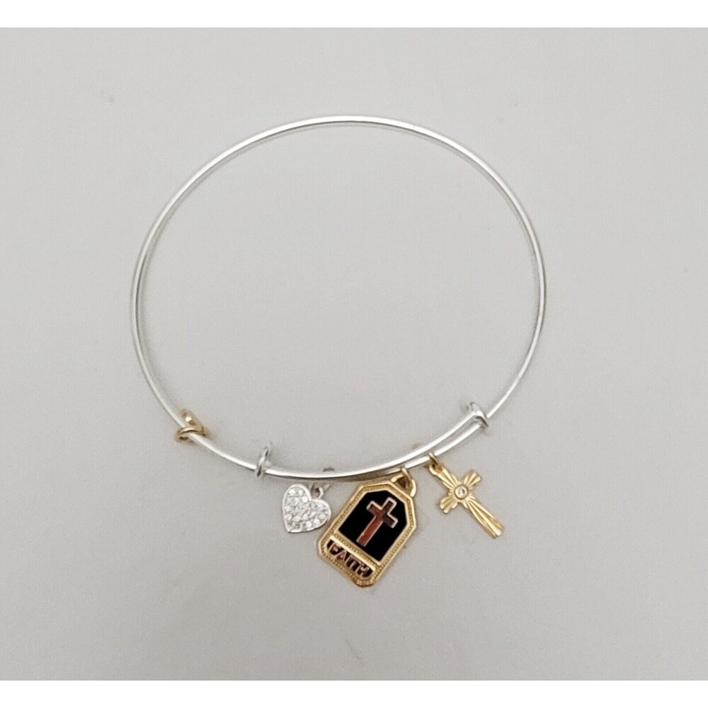 Silver Plated Faith Bangle Bracelet Cubic Zirconia CZ Heart Cross Charm Women